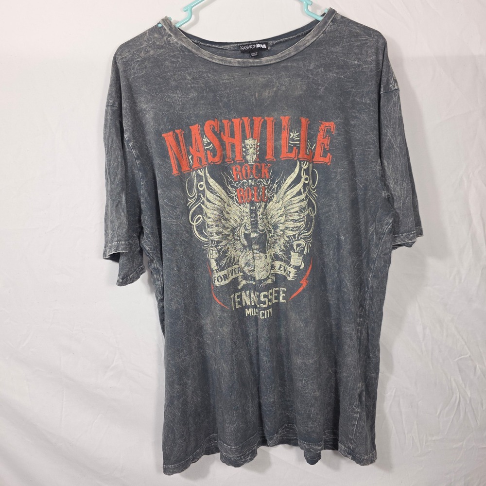 Fashion Nova Graphic Tee Mens XL Gray Excellent Nashville Rock N Roll Acid Wash